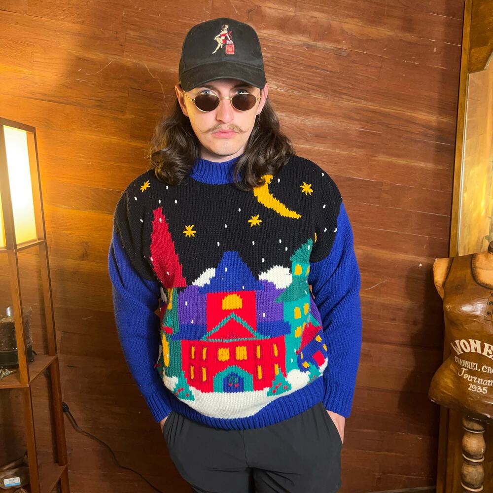VINTAGE 80s Starry City Night Sweater Size L Retro Geometric Streetwear Knit